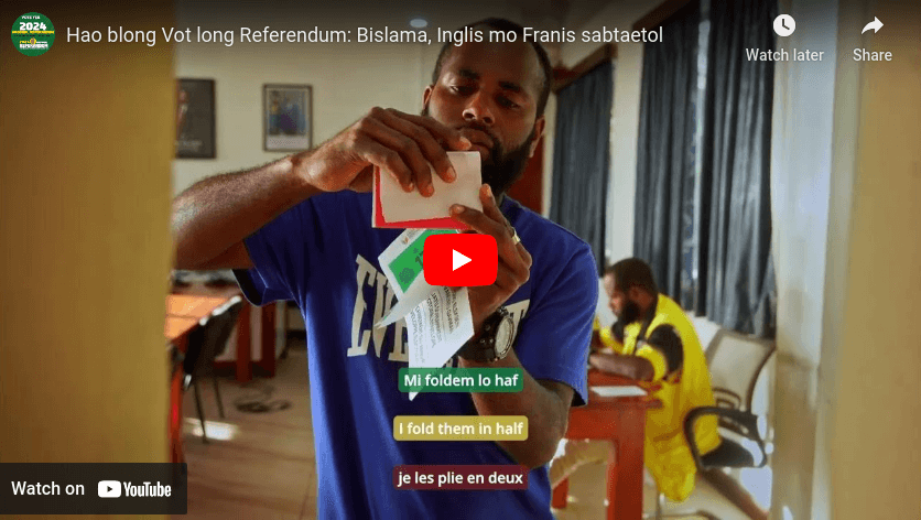 Hao blong Vot long Referendum: Bislama, Inglis mo Franis sabtaetol